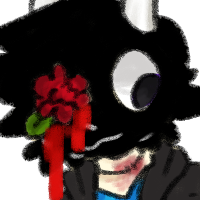 a drawing of badboyhalo and antfrost from the dream smp - post egg arc. both of them have red flowers growing out of one eye, with blood dripping from their faces. they are leaning on eachother